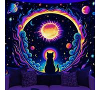 WEBEEDY UV Reactive Cat Black Light Tapestry Glow In The Dark, Moon Star Galaxy Wall Hanging Tapestry Psychedelic Neon Solar Eclipse Backdrop for Bedroom Living Room Party Decor (150x130cm)