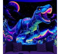 WEBEEDY UV Reactive Dinosaur Tapestry Black Light Trippy Galaxy Cool Posters Tapestry Funny Wild Anicient Animals Mountain Wall Hanging Backdrop for College Dorm Bedroom Wall Decor (150x130cm)