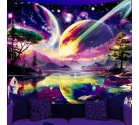 WEBEEDY UV Reactive Galaxy Space Tapestry Blacklight Starry Night Landscape Tapestry Planet Magical Trees Wall Hanging Psychedelic Tapestries for Bedroom Living Room Backdrop Party Decor, 150x130cm