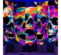 WEBEEDY UV Reactive Skull Butterfly Tapestry Trippy Black Light Neon Skeleton Art Halloween Wall Decor for Bedroom, Glow in The Dark Horror Party Aesthetic Wall Hanging Decor (150x130cm)