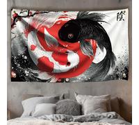 WEBEEDY Yin Yang Fish Japanese Tapestry Wall Hanging Black Red Fish and Flower Tapestry Home Decoration Japanese Wall Art Tapestries for Living Room Bedroom, Gift for Christmas Housewarming, 180x110cm