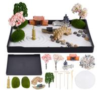 WEBEEDY Zen Garden Kit for Desk,Mini Japanese Desktop Decor Include Rakes,Artificial Tree,Pagoda,Bridge for Office Home Desktop,21x15.7cm Rectangular Tray
