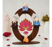Webelkart Antique Set of 4 Decorative Adorable Buddha Monk Figurines with Wooden Stand with Lotus Hanging for Peaceful Home Decor & Office Decor, Special Gifting, Home Decorative Item (10.5" Inches)