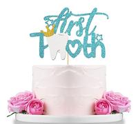 WeBenison First Tooth Cake Topper/Baby Shower/Baby 6 Months/First Tooth Party Decorations Supplies Blue Glitter