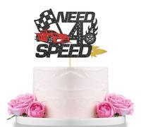WeBenison Need Four Speed Cake Topper - Children 4th Birthday Racing Car Cake Topper/Four Years Old / 4th Birthday Party Decorations - Black Glitter