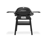 Weber Q 2200N Gas Grill with Compact Stand + Side Tables, 1 Burner, Electronic Ignition, Porcelain-Enamelled Cast Iron Grate, with Lid Thermometer - Black (1501090)