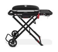Weber Traveler Portable Gas Barbecue with Folding Cart & Wheels/Portable BBQ, Porcelain-Enamelled Cast Iron Grates, Built-In Lid Thermometer, 3.81 kW Burner, 2065 cm² Cooking Surface, Black