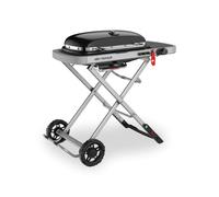 Weber Traveler Portable Gas Grill/Foldable Design with Wheels, Automatic Lid Lock and Built-In Lid Thermometer, Single Burner, 63 x 34 cm Cooking Area, 111 cm Width, Black (9010074)