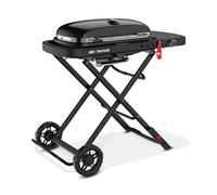 Weber Traveler Stealth Portable Gas Grill/Foldable Design with Wheels, Automatic Lid Lock and Integrated Lid Thermometer, Single Burner, 63 x 34 cm Cooking Area, 111 cm Width, Black (9013074)