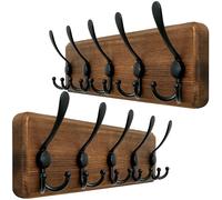 WEBI Coat Rack Wall Mount,Wood Coat Hooks Wall Mounted,16" Hole to Hole,Coat Hanger Wall,Hook Rack Rail,5 Triple Hooks for Hanging Coats,Hats,Jacket,Clothes,Rustic Brown,2 Packs