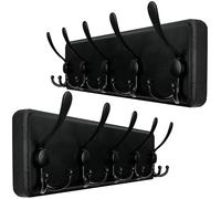 WEBI Coat Rack Wall Mounted,Wood Coat Hooks Wall Mounted Rustic,16" Hole to Hole,Large Coat Hanger Wall,Hook Rack,5 Triple Hooks for Hanging Coats,Jacket,Clothes,Hats,Black,2 Packs