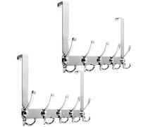 WEBI Over The Door Hook Rack with 5 Tri Hooks for Hanging Coats,Over Door Hanger Coat Rack Over Door Towel Rack Towel Hanger for Behind Back of Bathroom,Silver,2 Packs