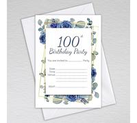 Webspectations Pack of 100th Birthday Party Invitations with Envelopes: Dusty Blue Eucalyptus and Navy Rose Hundredth Invites (Pack of 20 with Envelopes)