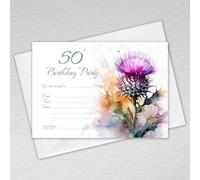 Webspectations Pack of 50th Birthday Party Invitations with Envelopes Scotland Flower Theme: Scottish Thistle Fiftieth Invites (Pack of 50 with Envelopes)