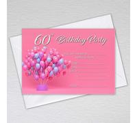 Webspectations Pack of 60th Birthday Party Invitations with Envelopes: Pink Balloon Bouquet Sixtieth Invites (Pack of 20 with Envelopes)