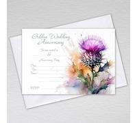 Webspectations Pack of Golden Wedding Anniversary Party Invitations with Envelopes National Flower of Scotland Theme: Scottish Thistle Golden Wedding Anniversary Invites (Pack of 20 with Envelopes)