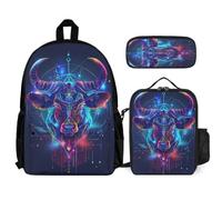 WECECE Backpack Bull with Lunch Bag and Pencil Case for Children 8-10 Years, Bookbag Animal Cow Print with Lunch Box Pencil Case Year 3-5 for Boys Sports Clubs and Holidays