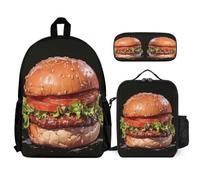 WECECE Backpack Burger Print with Lunch Box Pencil Case for Children Age 7, School Bag Food Pattern with Lunch Box Pencil Case Year 7 for Young Learners Sports Clubs and Holidays