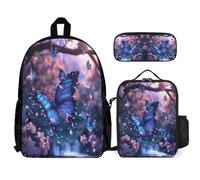 WECECE Backpack Butterfly 3 Piece Set with Lunch Box Colourful Pencil Case for Teens 10-12 Years Year 5-6, Practical School Supplies Bundle for Holidays and Sports