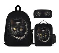 WECECE Backpack Cat Black 3 Piece Set with Lunch Box 3D Kitten Motif Pencil Case for Teens 10-12 Years Year 5-6, Practical School Supplies Bundle for Holidays and Sports