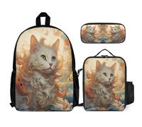 WECECE Backpack Cat Set with Lunch Bag Pencil Case Cute Kitten for Kids Age 9 Year 4, Practical Student Bundle for Outdoor Adventures and Holidays