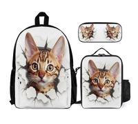 WECECE Backpack Cat Set with Lunch Tote and Pencil Case for Kids Age 6, School Backpack 3D Kitten 3 Piece Set Year 6 for Boys Daily Carry and Trips