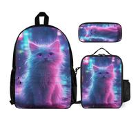 WECECE Backpack Cat Set with Lunch Tote and Pencil Case for Kids Age 6, School Backpack Kitten 3 Piece Set Year 6 for Boys Daily Carry and Trips