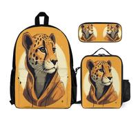 WECECE Backpack Cheetah School Supplies Bundle with Lunch Bag Leopard Animal and Pencil Case for Children 8-10 Years Year 3-5, Practical Carry Collection for Study and Excursions