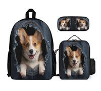 WECECE Backpack Corgi with Lunch Box Pencil Case for Children Age 7, School Bag Dog Print with Lunch Box Pencil Case Year 7 for Young Learners Sports Clubs and Holidays