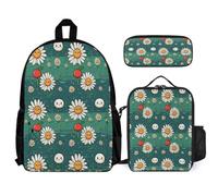 WECECE Backpack Daisy 3pcs Set with Insulated Lunch Tote & Pencil Case for Kids Age 7, School Bag Flower School Supplies Bundle Year 1-2 for Girls Sports Clubs and Holidays