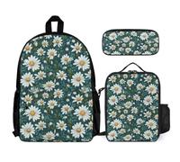 WECECE Backpack Daisy with Pencil Case and Lunch Tote Flower for Teens Age 12 Year 7, 3pcs Student Collection for School Holidays Sports and Daily Lessons