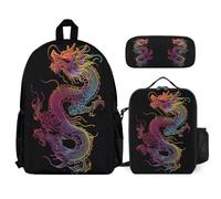 WECECE Backpack Dragon 3-Piece School Backpack Set with Lunch Bag Dragon Pencil Case for Girls Boys Age 13 Year 8, Student Essentials for Sports Clubs and Travel