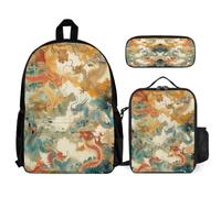 WECECE Backpack Dragon with Lunch Bag and Pencil Case for Children 8-10 Years, Bookbag Animal with Lunch Box Pencil Case Year 3-5 for Boys Sports Clubs and Holidays