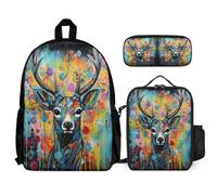 WECECE Backpack Elk with Lunch Box Pencil Case for Children Age 7, School Bag Animal Deer with Lunch Box Pencil Case Year 7 for Young Learners Sports Clubs and Holidays