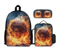 WECECE Backpack Flames Basketball 3pcs Set with Insulated Lunch Tote & Pencil Case for Kids Age 7, School Bag Basketball School Supplies Bundle Year 1-2 for Girls Sports Clubs and Holidays