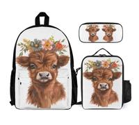 WECECE Backpack Highland Cow 3 Piece Set with Lunch Box Animal Bull Print Pencil Case for Teens 10-12 Years Year 5-6, Practical School Supplies Bundle for Holidays and Sports