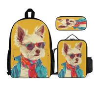 WECECE Backpack Highland White Terrier Dog with Lunch Box Pencil Case for Children Age 7, School Bag Animal Theme with Lunch Box Pencil Case Year 7 for Young Learners Sports Clubs and Holidays