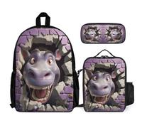 WECECE Backpack Hippo 3 Piece Set for Kids 8-10 Years, Backpack 3D Animal with Pencil Case and Lunch Bag Year 3-5 for Girls Outdoor Learning and Travel