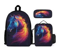 WECECE Backpack Horse 3 Piece Set with Lunch Box Animal Horse Pencil Case for Secondary Students Age 10 Year 12, Organised School Collection for Travel