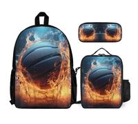 WECECE Backpack Ice and Fire Basketball 3 Piece Set for Kids Age 7, Book Pack Basketball with Lunch Tote and Pencil Case Year 7 for Girls Daily Carry and Trips