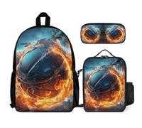 WECECE Backpack Ice and Fire Basketball 3 Piece Set for Kids Age 7, Book Pack Basketball with Lunch Tote and Pencil Case Year 7 for Girls Daily Carry and Trips