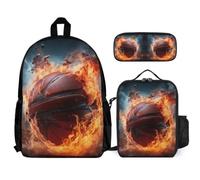 WECECE Backpack Ice and Fire Basketball 3 Piece Set with Lunch Box Basketball Pencil Case for Secondary Students Age 10 Year 12, Organised School Collection for Travel