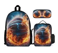 WECECE Backpack Ice and Fire Basketball 3pcs Set with Insulated Lunch Tote & Pencil Case for Kids Age 7, School Bag Basketball School Supplies Bundle Year 1-2 for Girls Sports Clubs and Holidays