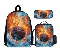 WECECE Backpack Ice and Fire Basketball School Supplies Bundle with Lunch Tote Basketball and Pencil Case for Girls Boys Age 12 Year 7, Practical Student Organiser for Sports