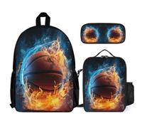WECECE Backpack Ice and Fire Basketball Set with Lunch Bag Pencil Case Basketball for Kids Age 9 Year 4, Practical Student Bundle for Outdoor Adventures and Holidays