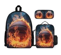 WECECE Backpack Ice and Fire Basketball Set with Pencil Case and Lunch Bag for Boys Age 10, Book Pack Basketball with Lunch Tote and Pencil Case Year 1 for Young Learners Study Sessions Travel