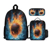 WECECE Backpack Ice and Fire Basketball with Lunch Box Pencil Case for Children Age 7, School Bag Basketball with Lunch Box Pencil Case Year 7 for Young Learners Sports Clubs and Holidays