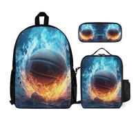 WECECE Backpack Ice and Fire Basketball with Lunch Box Pencil Case for Children Age 7, School Bag Basketball with Lunch Box Pencil Case Year 7 for Young Learners Sports Clubs and Holidays
