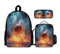 WECECE Backpack Ice and Fire Basketball with Pencil Case and Lunch Tote Basketball for Teens Age 12 Year 7, 3pcs Student Collection for School Holidays Sports and Daily Lessons