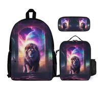 WECECE Backpack Lion 3 Piece Set for Kids 8-10 Years, Backpack Lions Animal King with Pencil Case and Lunch Bag Year 3-5 for Girls Outdoor Learning and Travel